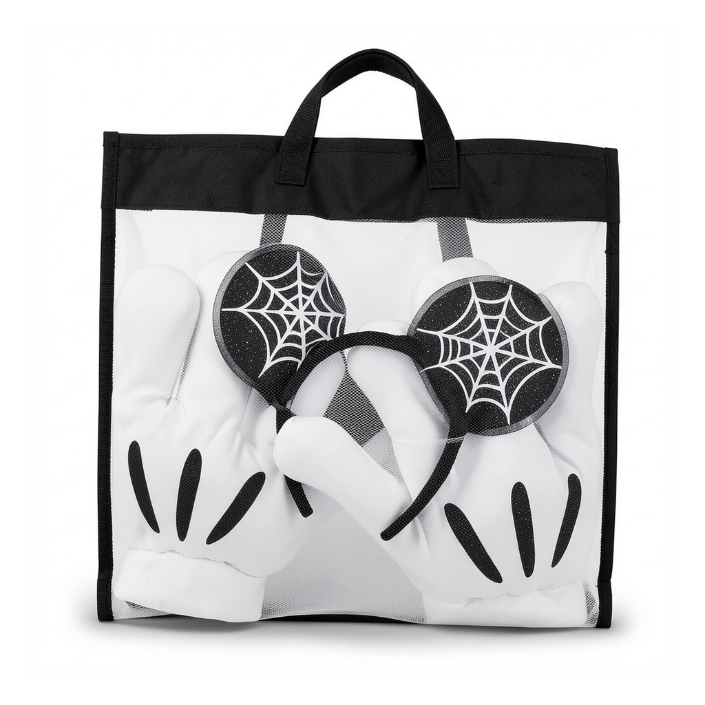 Set Halloween Mickey : paire de gants blancs et oreilles à toiles d’araignée dans leur pochette filet. Vue studio retouchée avec une IA locale.