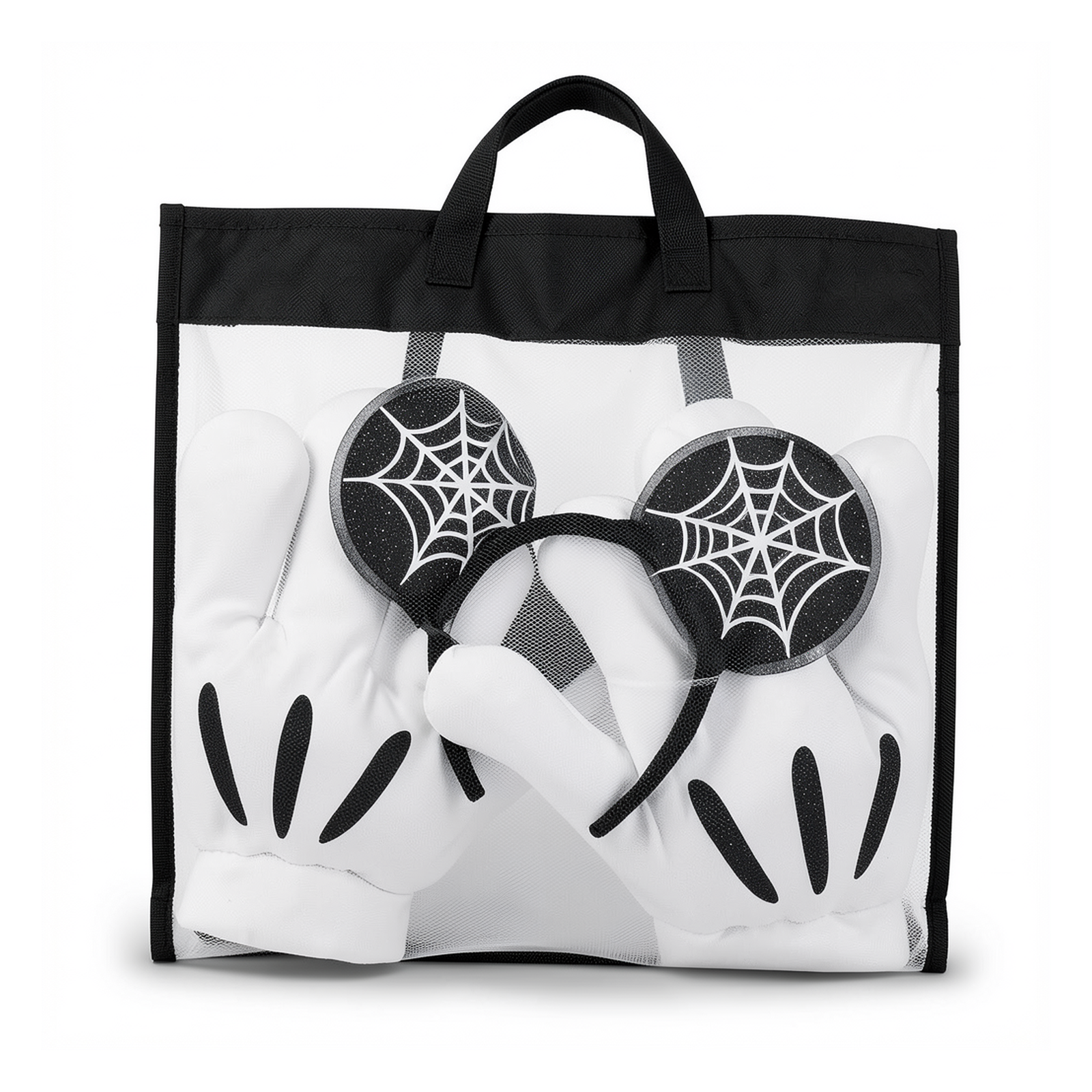 Set Halloween Mickey : paire de gants blancs et oreilles à toiles d’araignée dans leur pochette filet. Vue studio retouchée avec une IA locale.