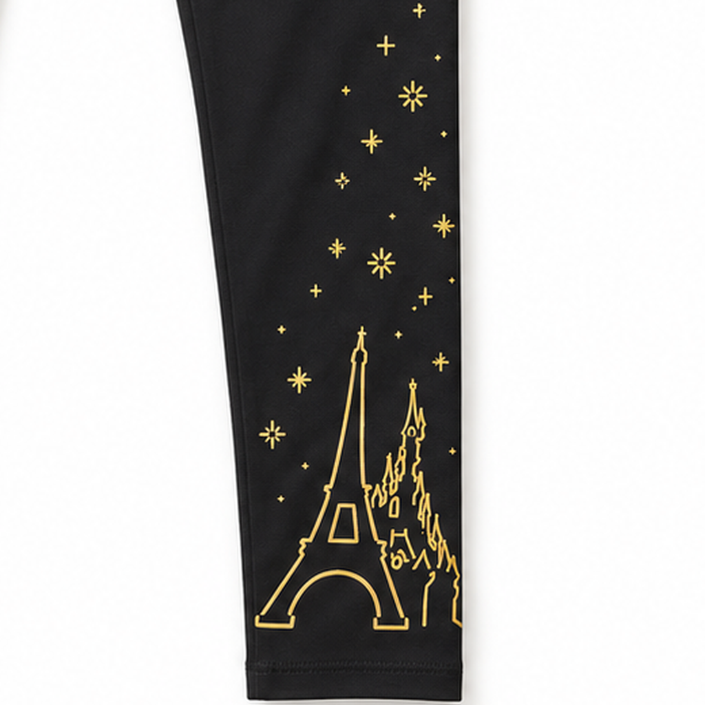 Détail du legging noir : Tour Eiffel, château Disney et étoiles dorés.