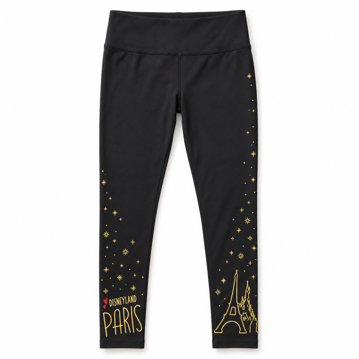 Legging Les Aristochats noir à étoiles dorées Disneyland Paris, vue de face sur fond blanc.