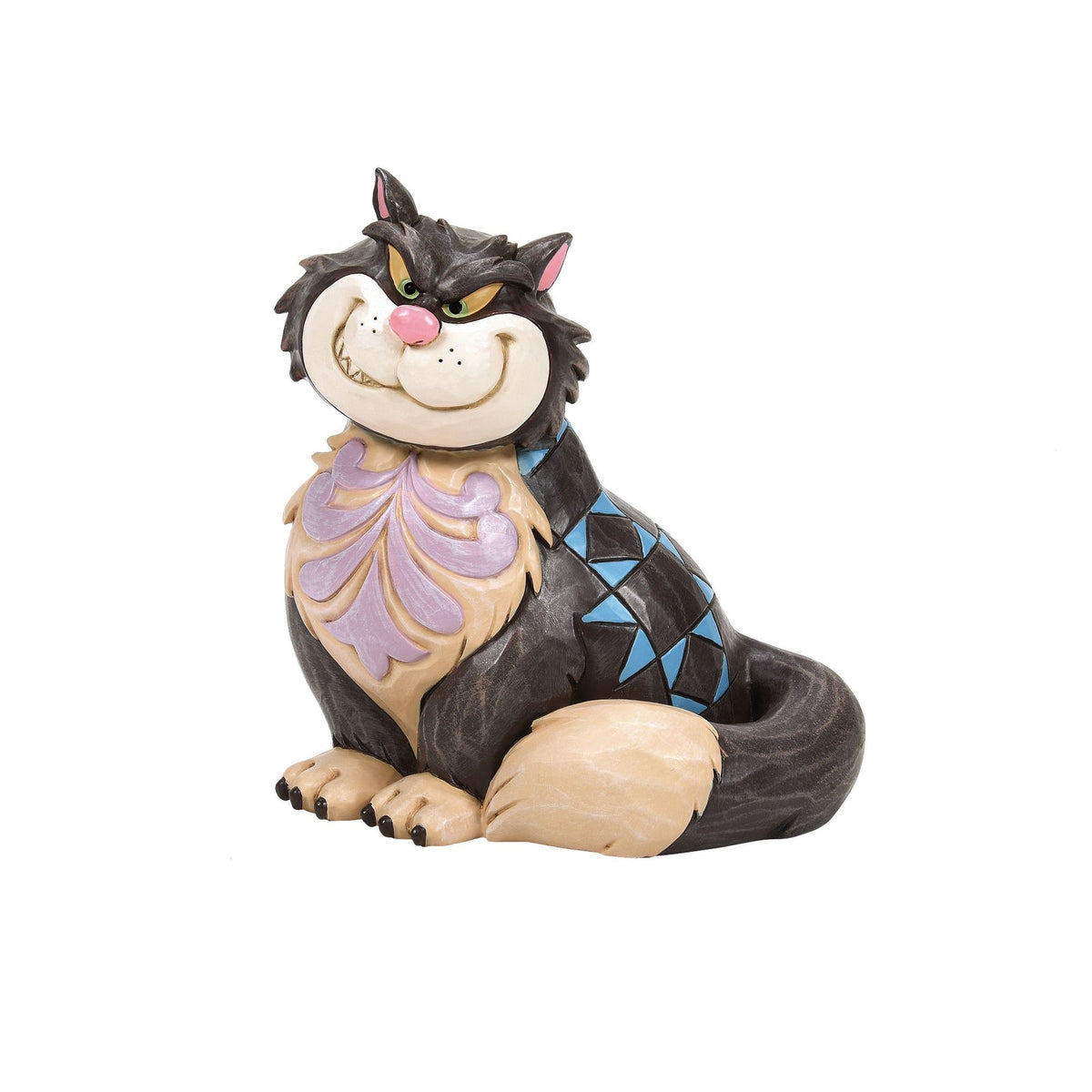Figurine Lucifer Jim Shore, chat noir assis aux motifs bleus et mauves, vue de trois quarts