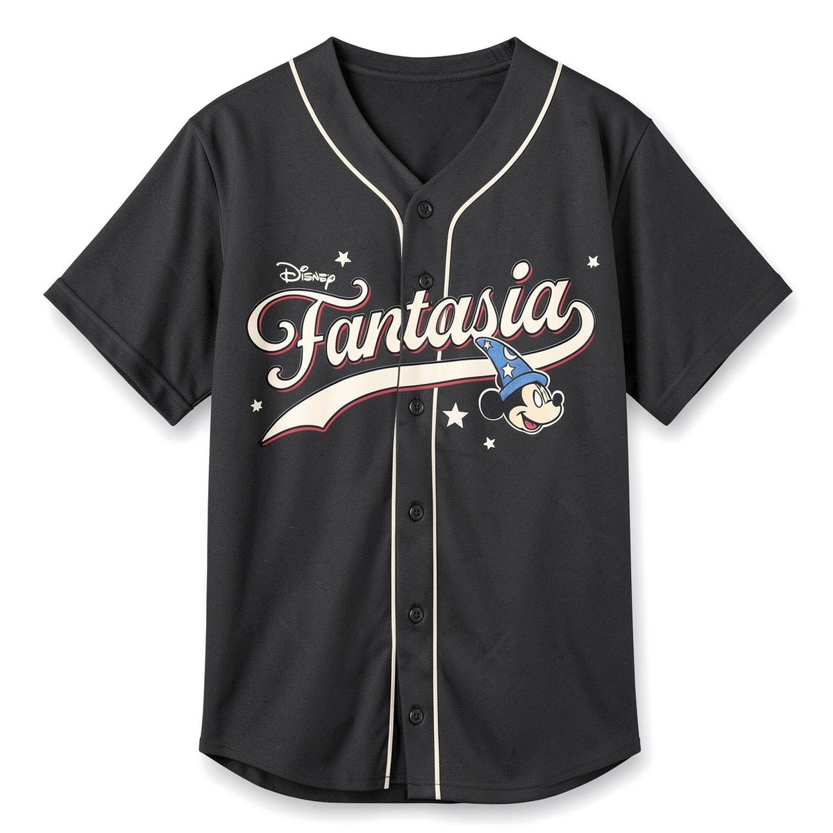 Maillot de baseball Fantasia noir avec Mickey Apprenti Sorcier, étoiles et liserés écrus – vue de face
