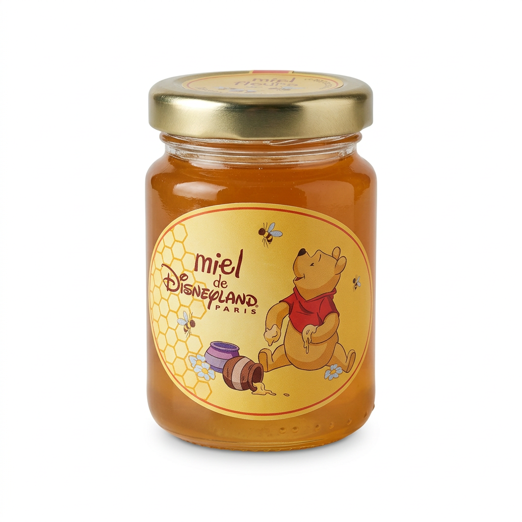 Pot de miel de fleurs Winnie l’Ourson Disneyland Paris 125 g, étiquette jaune et couvercle doré, sur fond blanc.