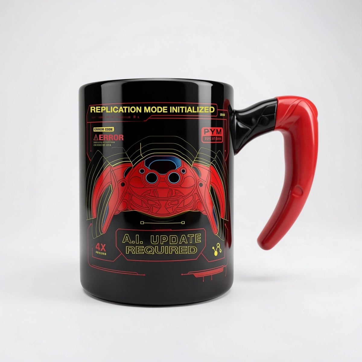 Même mug noir à anse rouge – Disneyland Paris – face Spider-Bot avec décor technique