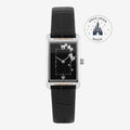 Once Upon Magic Disney 101 Dalmatiens watch with a rectangular black dial, silver case, and black leather strap.