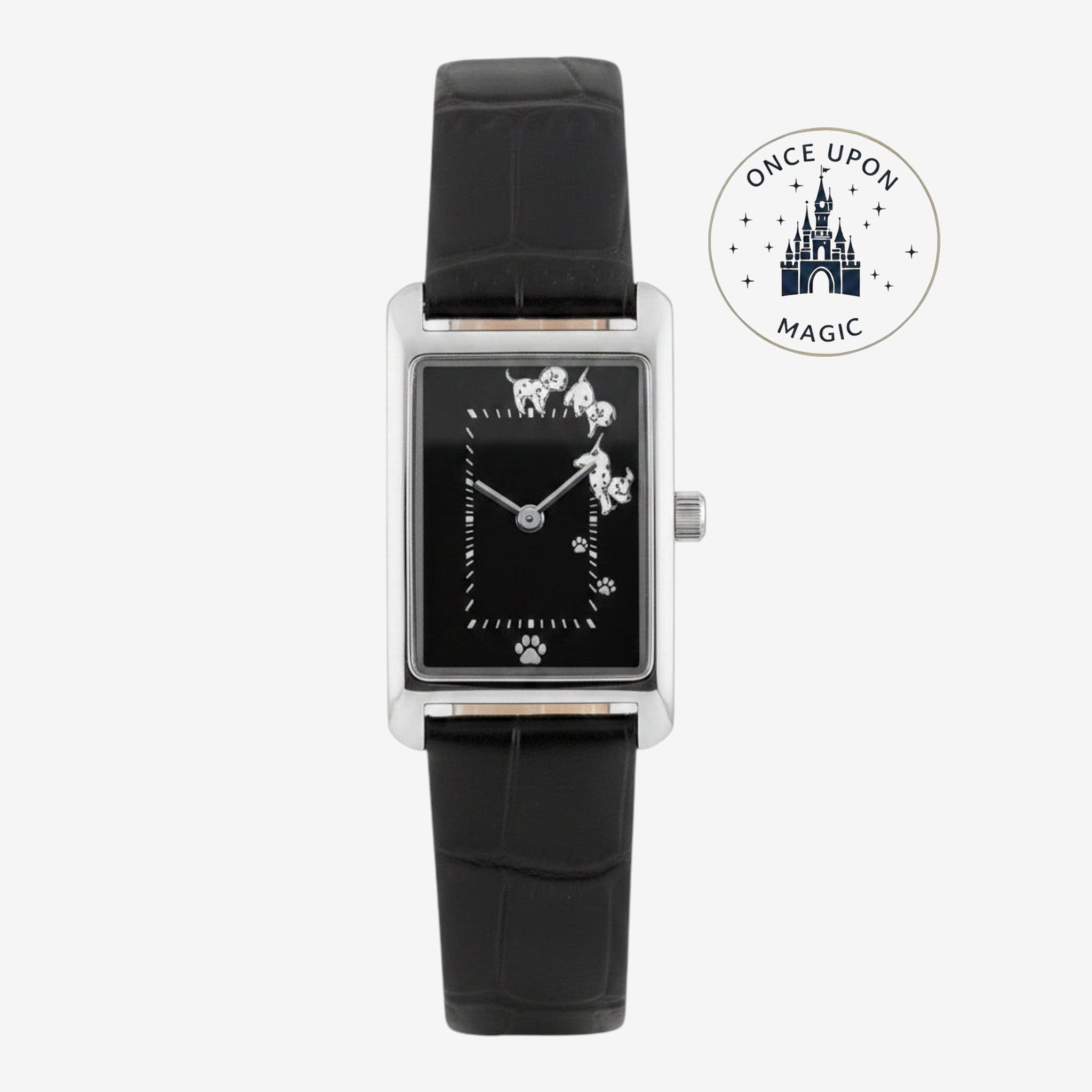 Once Upon Magic Disney 101 Dalmatiens watch with a rectangular black dial, silver case, and black leather strap.