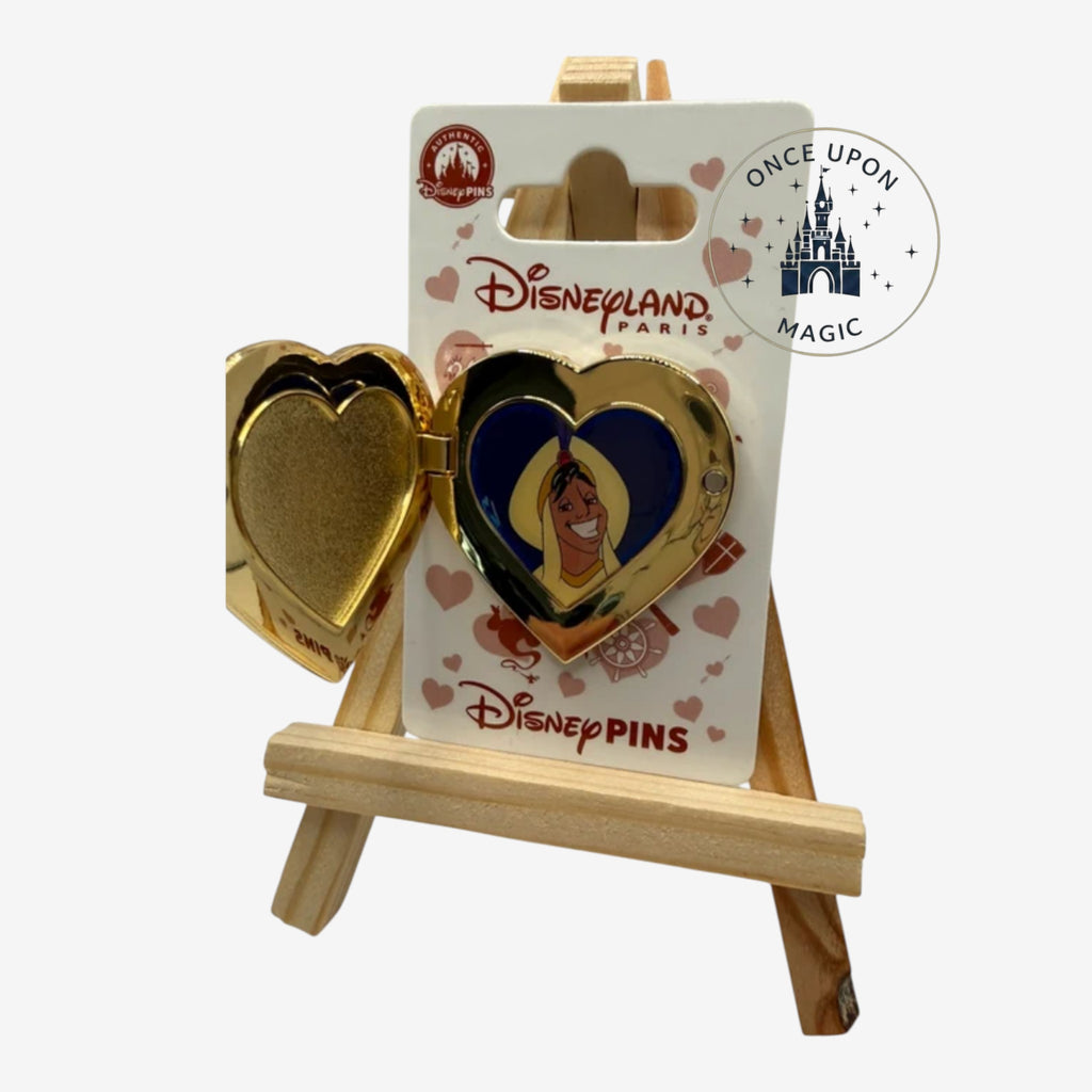 Once Upon Magic gold heart locket pin featuring Aladdin. The pin opens to reveal Aladdin's smiling face.