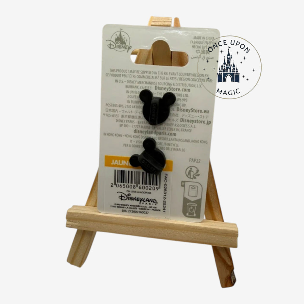Once Upon Magic Aladdin heart-shaped pin with gold finish and blue accents, opens to reveal Aladdin's face.