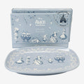 Once Upon Magic Alice in Wonderland ceramic serving platter in light blue with whimsical character illustrations.