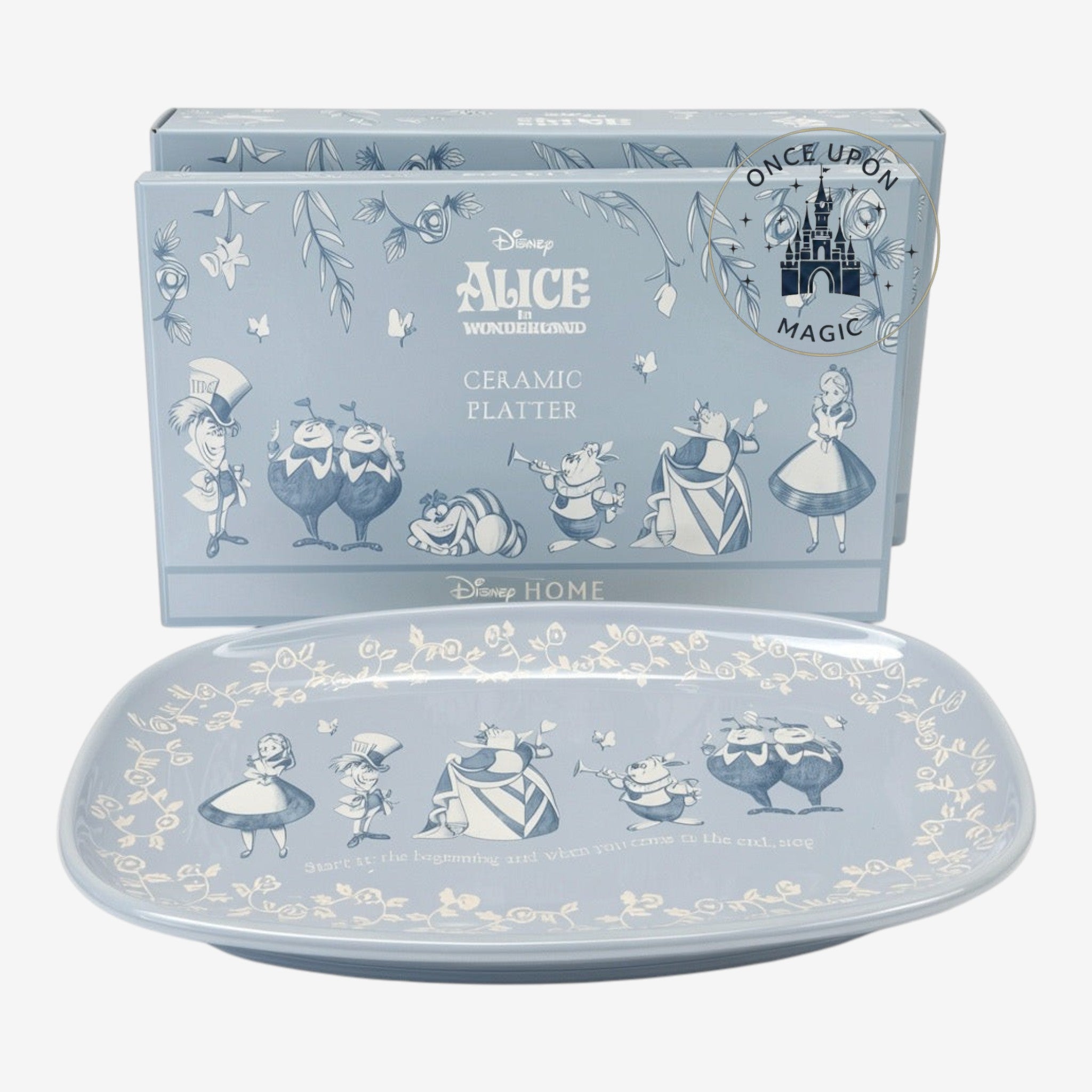 Once Upon Magic Alice in Wonderland ceramic serving platter in light blue with whimsical character illustrations.