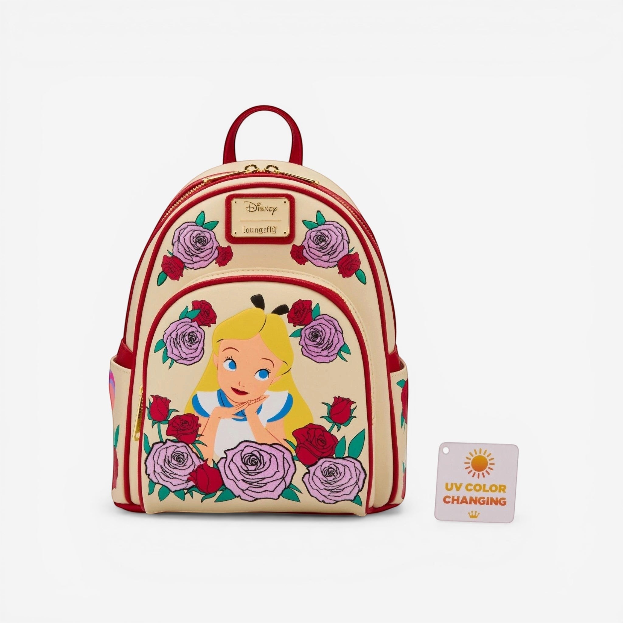 Once Upon Magic Alice in Wonderland mini backpack with roses, cream and red, UV color changing effect.