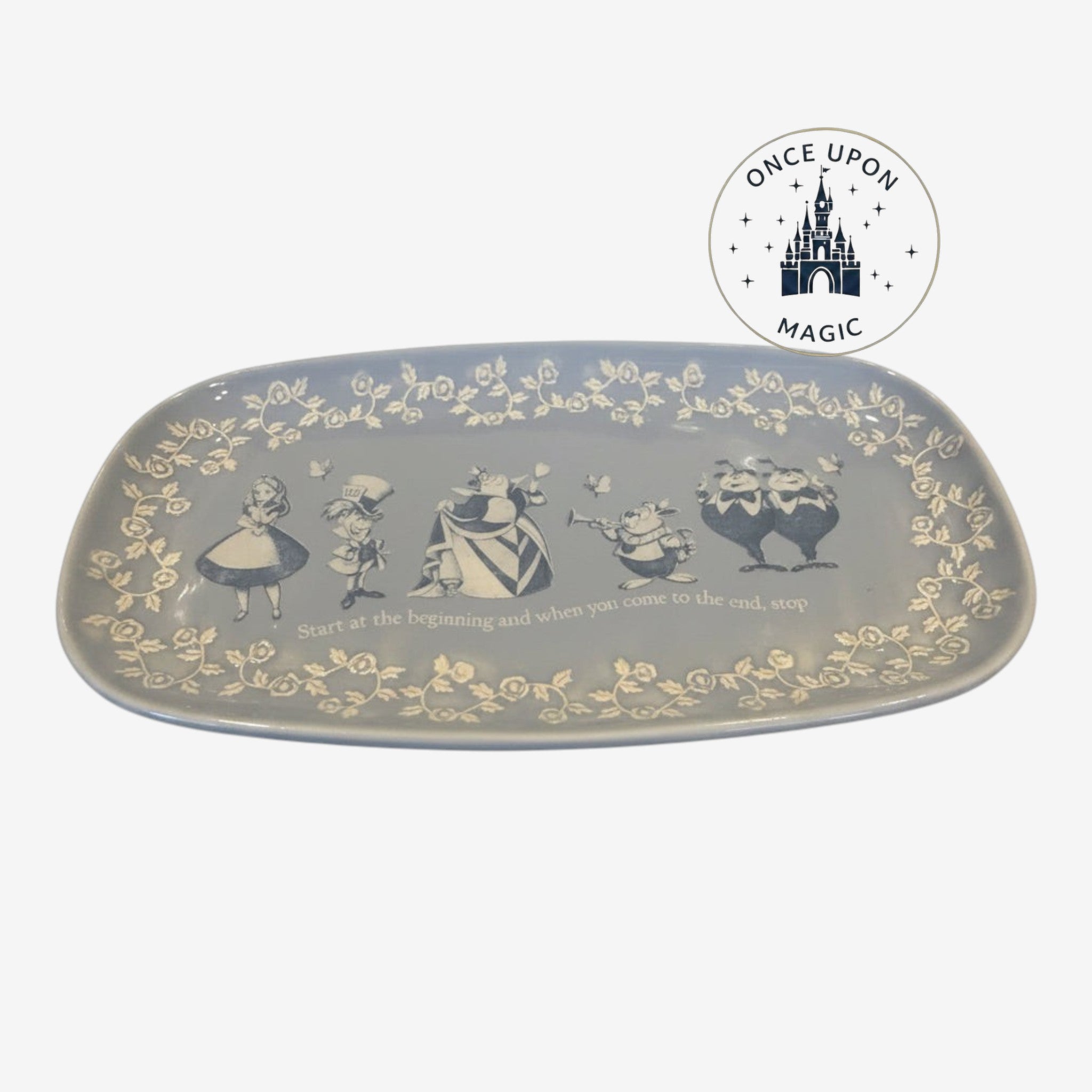 Once Upon Magic Alice in Wonderland serving platter featuring character illustrations and floral border in blue and white