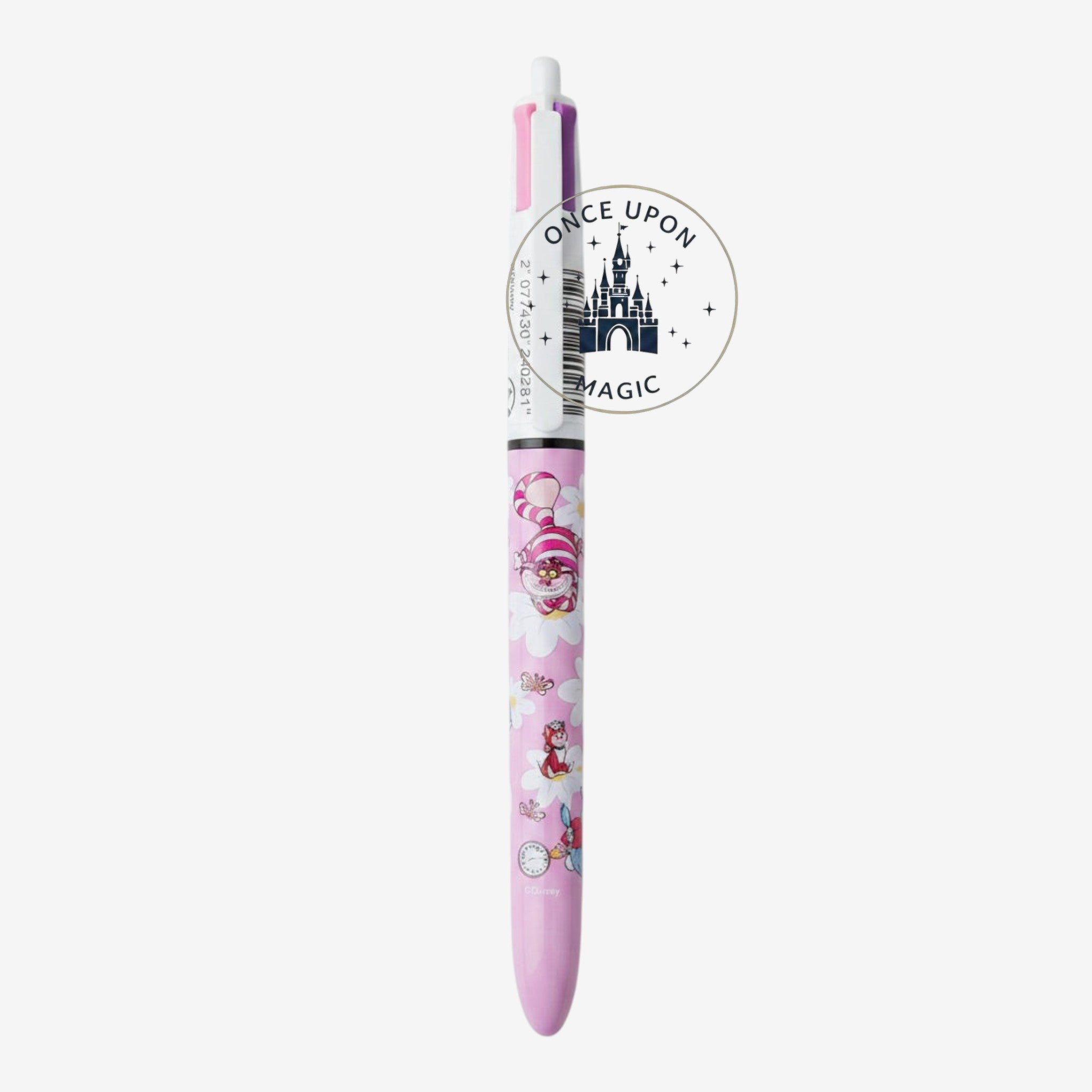 Once Upon Magic Alice in Wonderland 4-color Bic pen in pastel pink with Cheshire Cat and White Rabbit illustrations