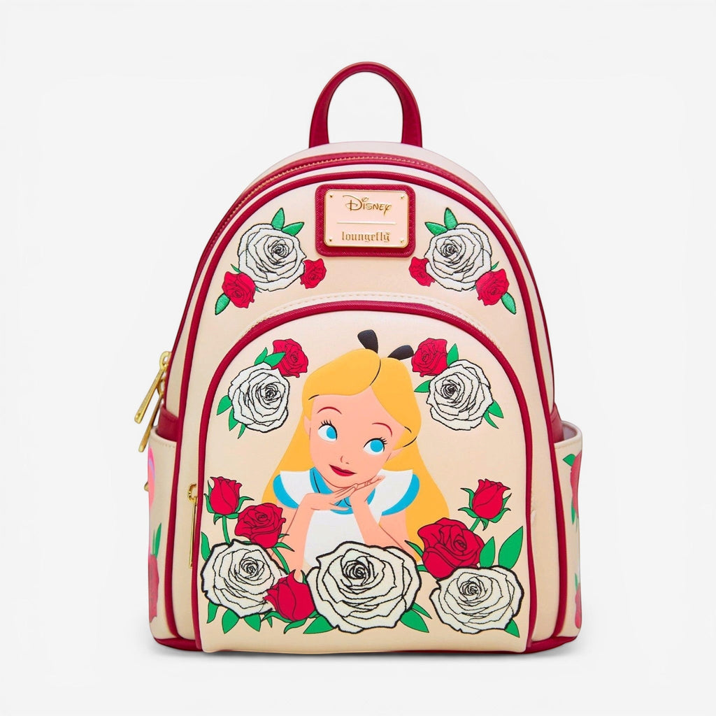 Once Upon Magic Alice in Wonderland mini backpack with roses and UV color-changing effect. Cream, red, white.