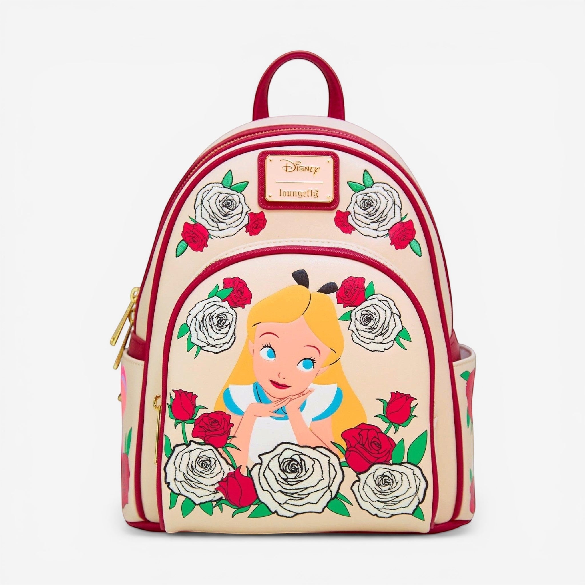 Once Upon Magic Alice in Wonderland mini backpack with roses and UV color-changing effect. Cream, red, white.
