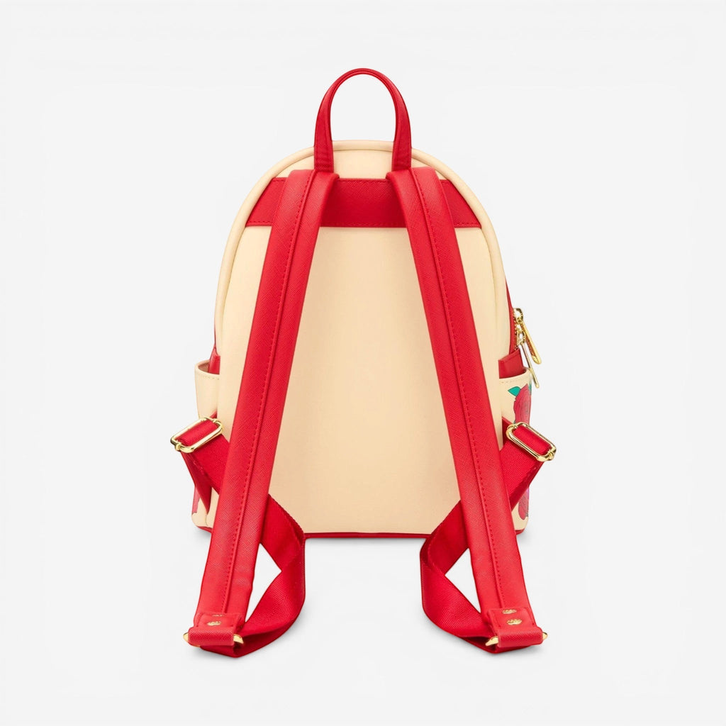 Once Upon Magic Alice in Wonderland mini backpack, cream with red straps, UV reactive roses detail, polyurethane