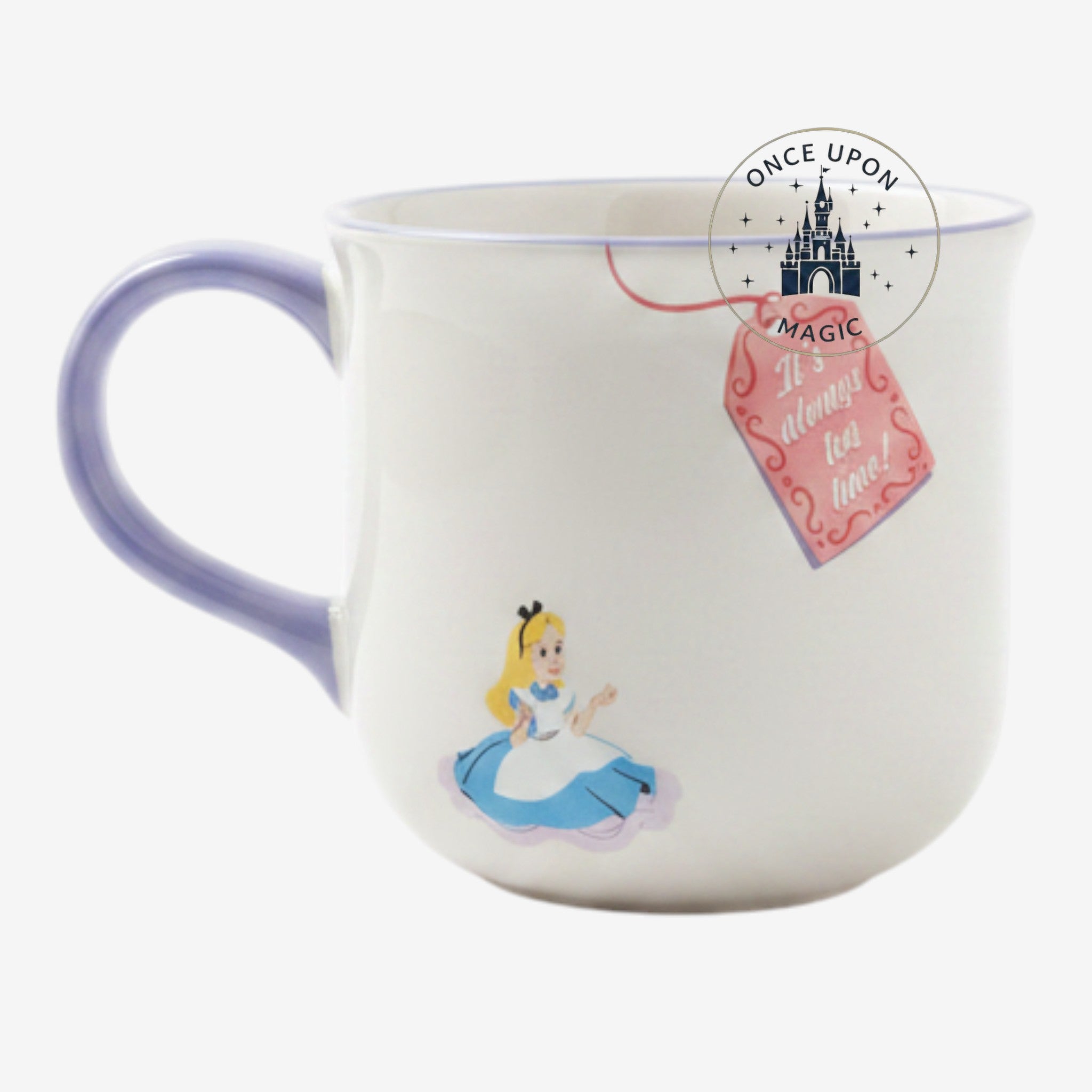 Once Upon Magic Alice in Wonderland ceramic mug featuring Alice illustration and It's always tea time tag