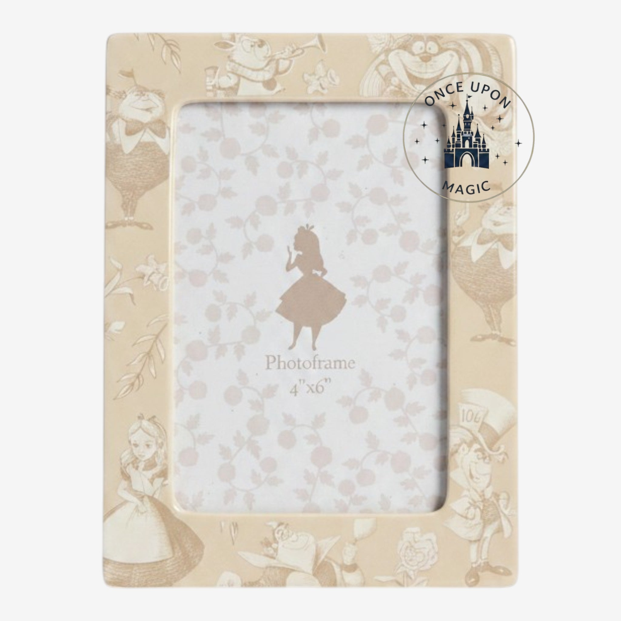 Once Upon Magic Alice in Wonderland 4x6 photo frame in cream with iconic character illustrations.