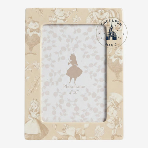 Once Upon Magic Alice in Wonderland 4x6 photo frame in cream with iconic character illustrations.