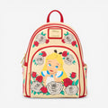 Once Upon Magic Alice in Wonderland mini backpack in cream with red trim, featuring Alice surrounded by roses that change color under UV light.