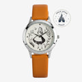 Once Upon Magic Alice in Wonderland watch with a cream dial, black illustration, and orange leather strap.