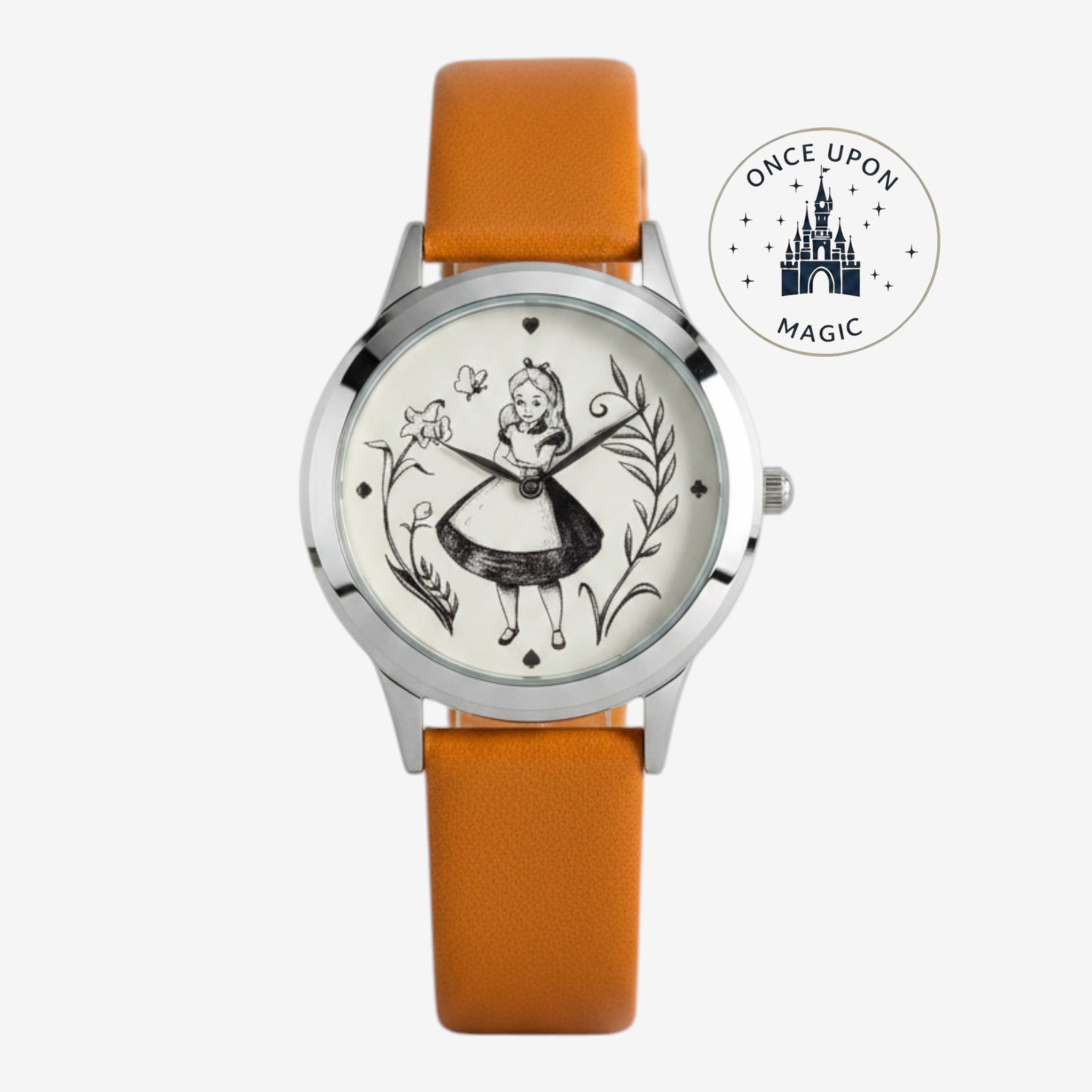 Once Upon Magic Alice in Wonderland watch with a cream dial, black illustration, and orange leather strap.