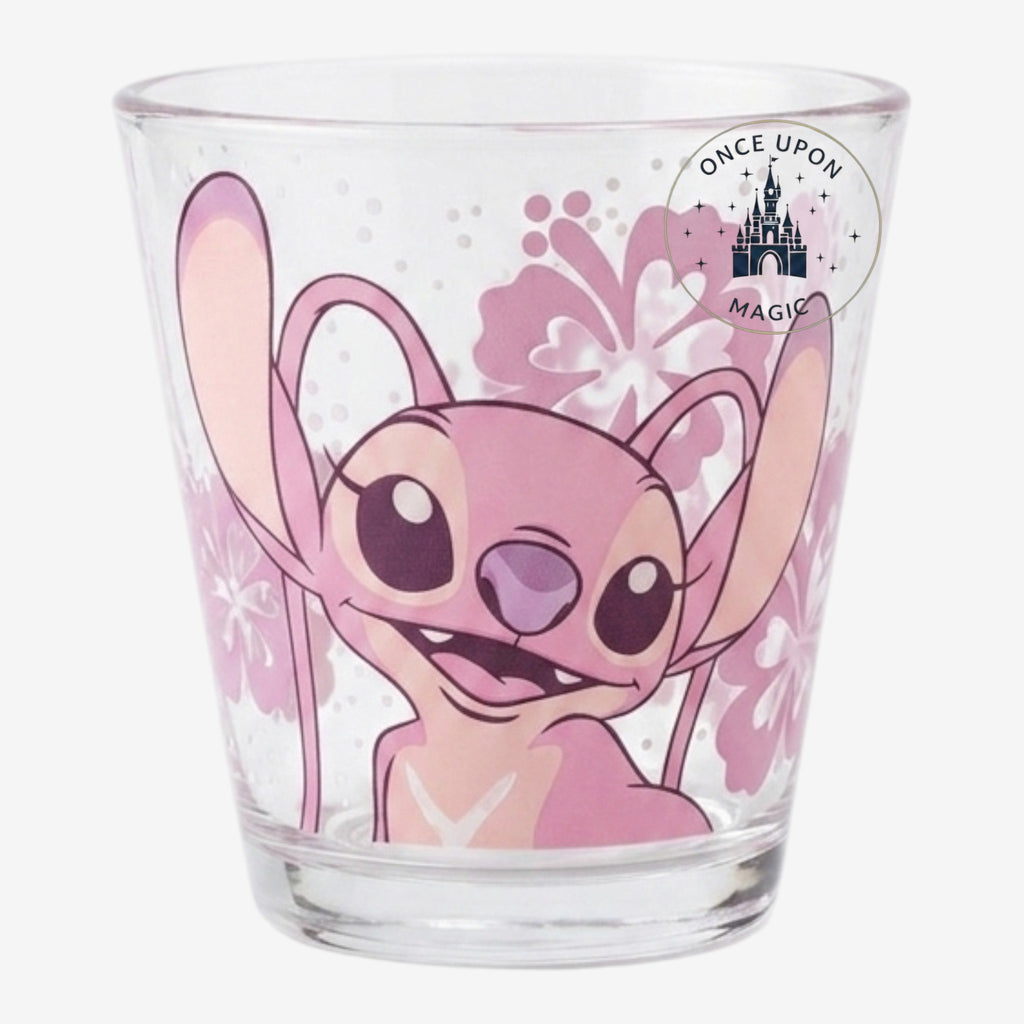 Once Upon Magic floral glass featuring Disney's Angel character in pink with tropical flowers.