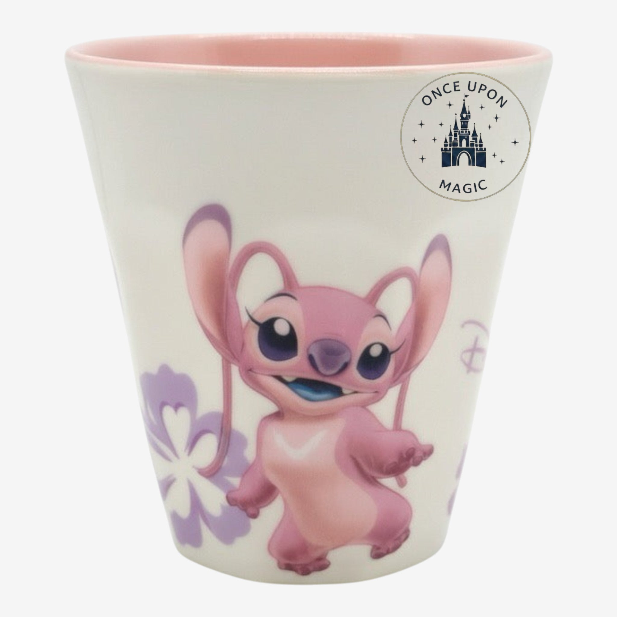 Once Upon Magic pink Angel character cup with purple flowers, made of durable plastic for kids.