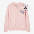 Once Upon Magic pink zip-up hoodie for kids featuring Angel from Lilo & Stitch with varsity-style 'A' graphic.