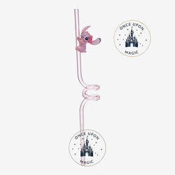 Once Upon Magic pink translucent reusable straw with a spiral design and a small Angel figurine attached.