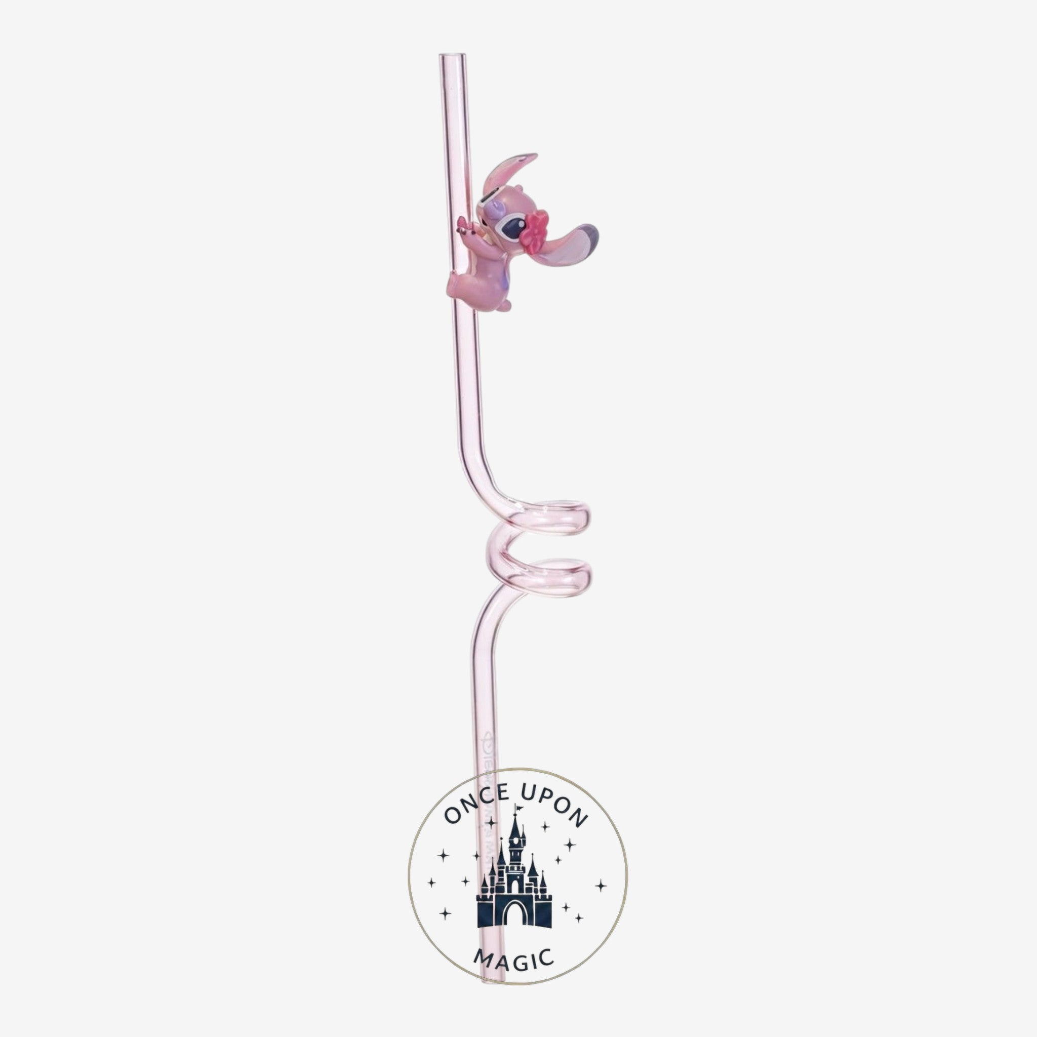 Once Upon Magic pink translucent reusable straw with a spiral design and a small Angel figurine attached.