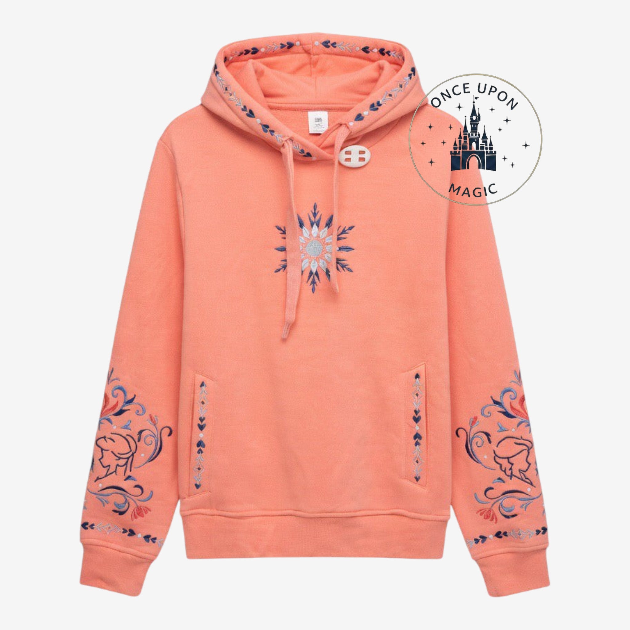 Once Upon Magic coral hoodie with Anna from Frozen embroidery, snowflake chest detail, and folk Arendelle designs on sleeves.