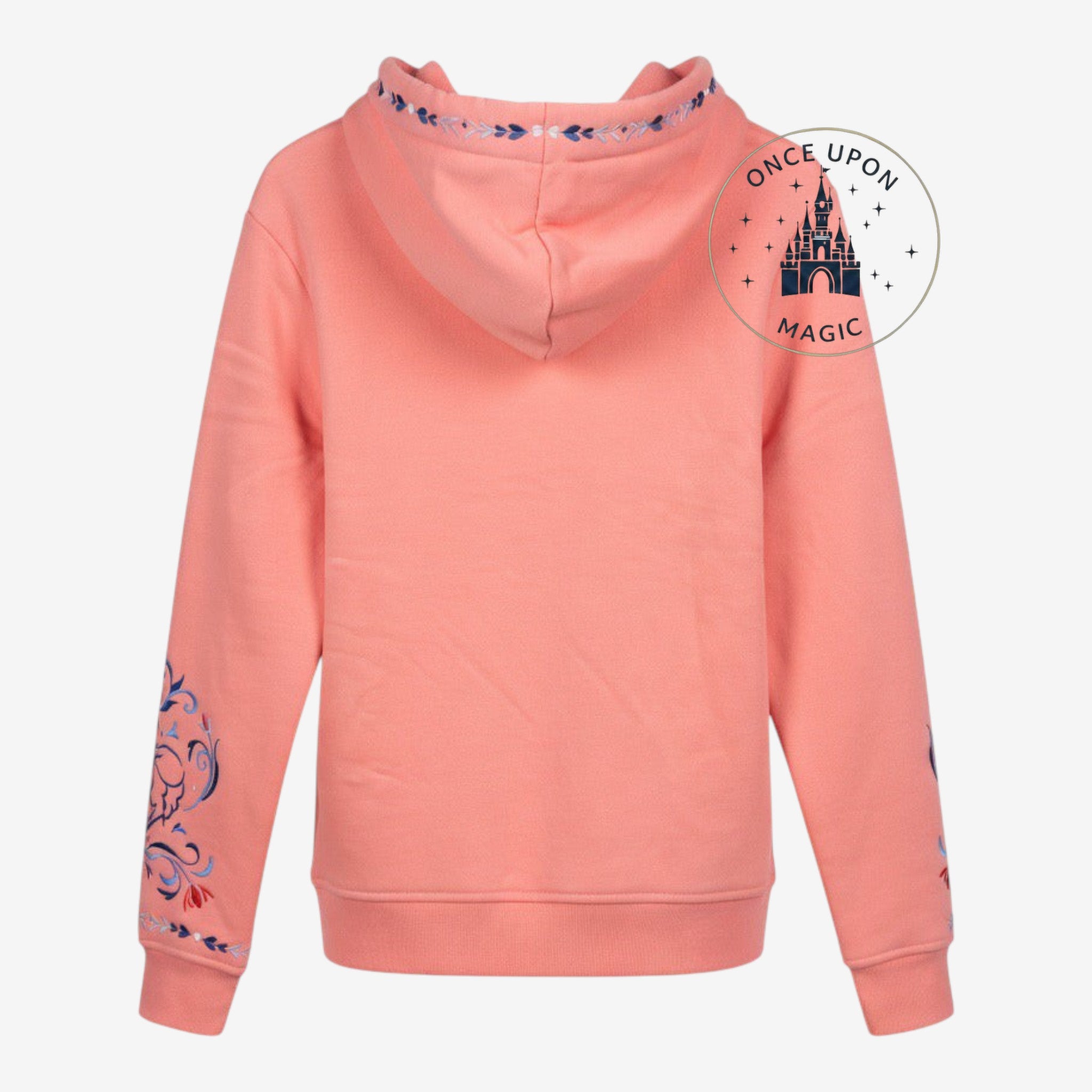 Once Upon Magic coral pink hoodie inspired by Anna from Frozen, featuring embroidered floral details on sleeves and hood.