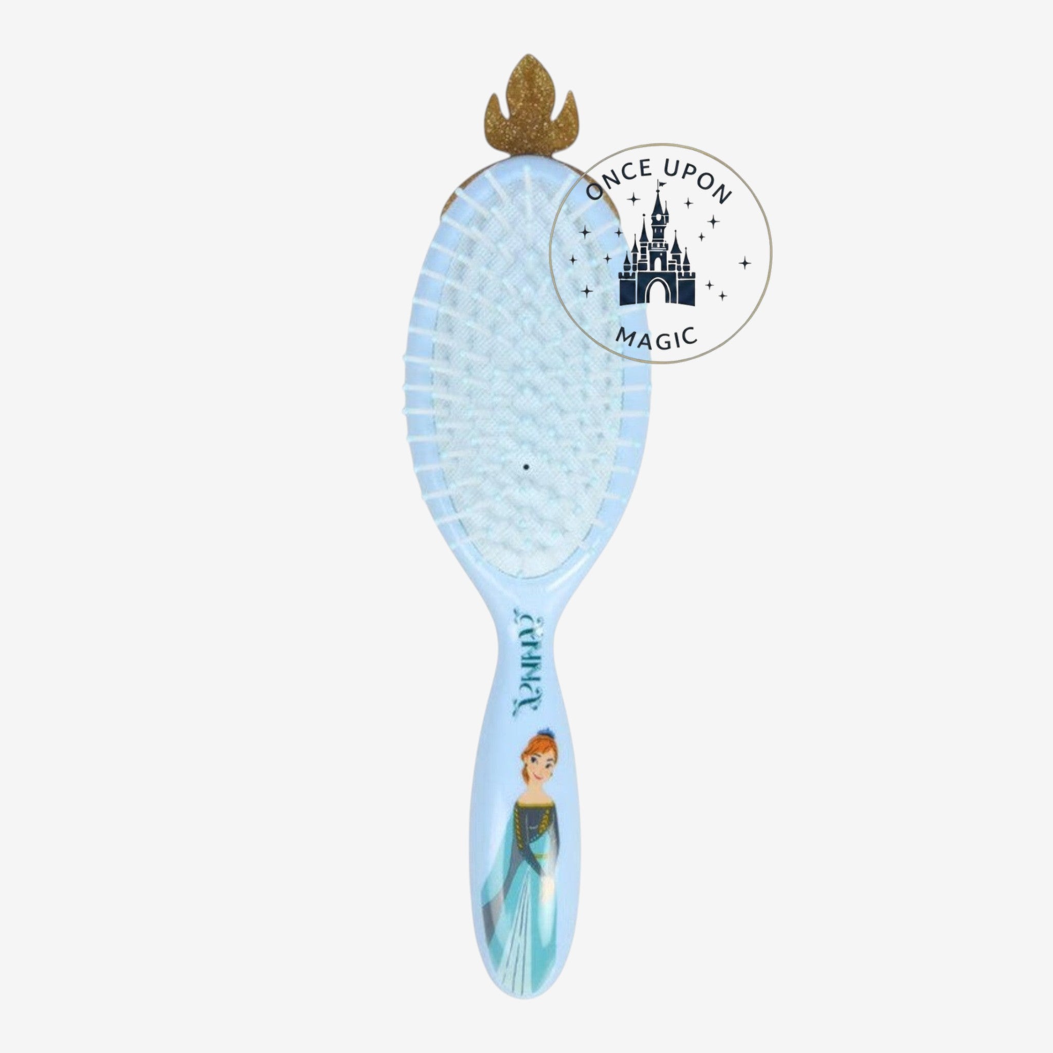Once Upon Magic light blue hair brush with Anna from Frozen graphic and gold crown detail. Gentle bristles for detangling.