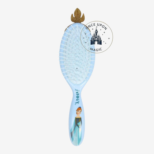 Once Upon Magic light blue hair brush with Anna from Frozen graphic and gold crown detail. Gentle bristles for detangling.
