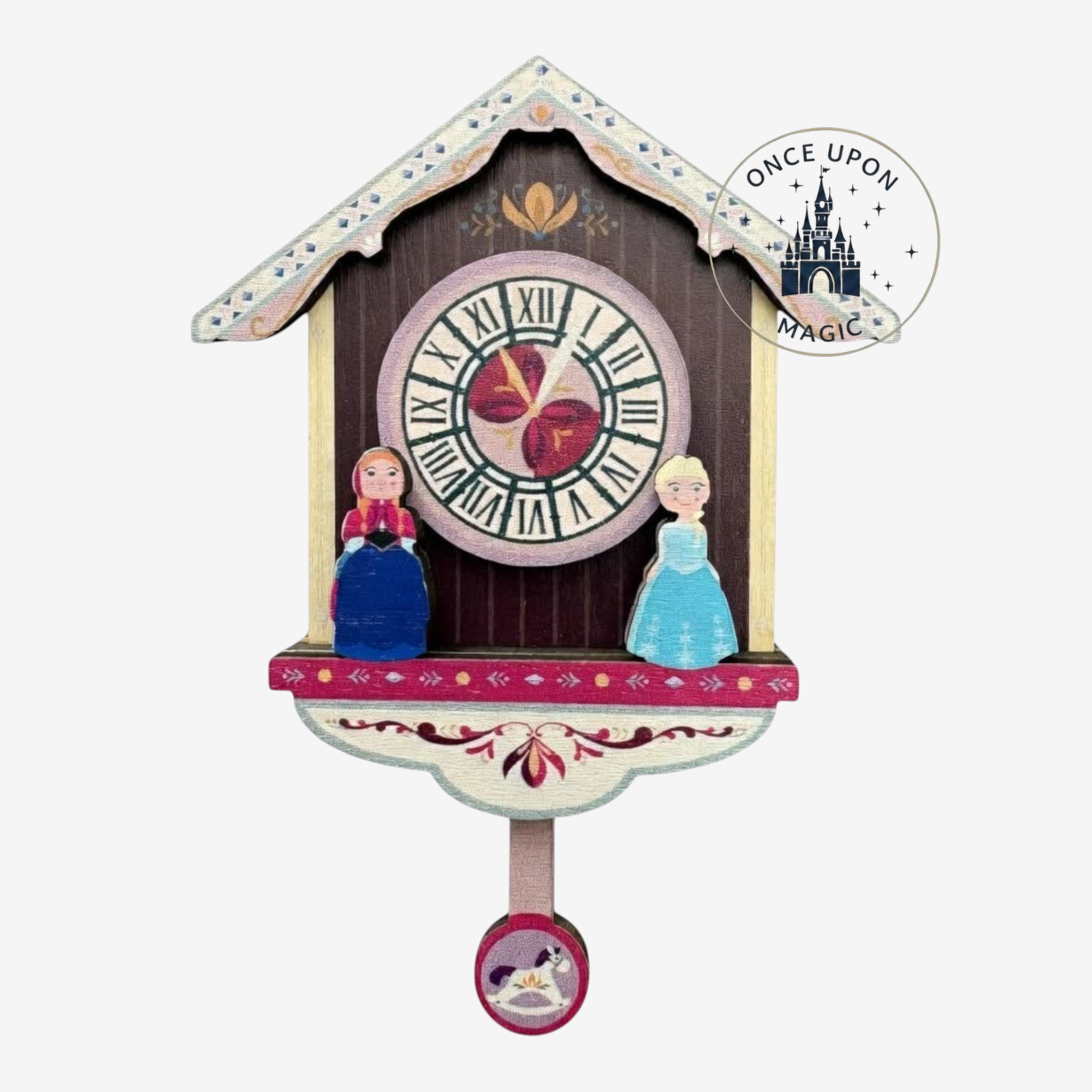 Once Upon Magic Arendelle clock magnet with Anna and Elsa figures, Nordic patterns, and decorative pendulum. Features Roman numerals.