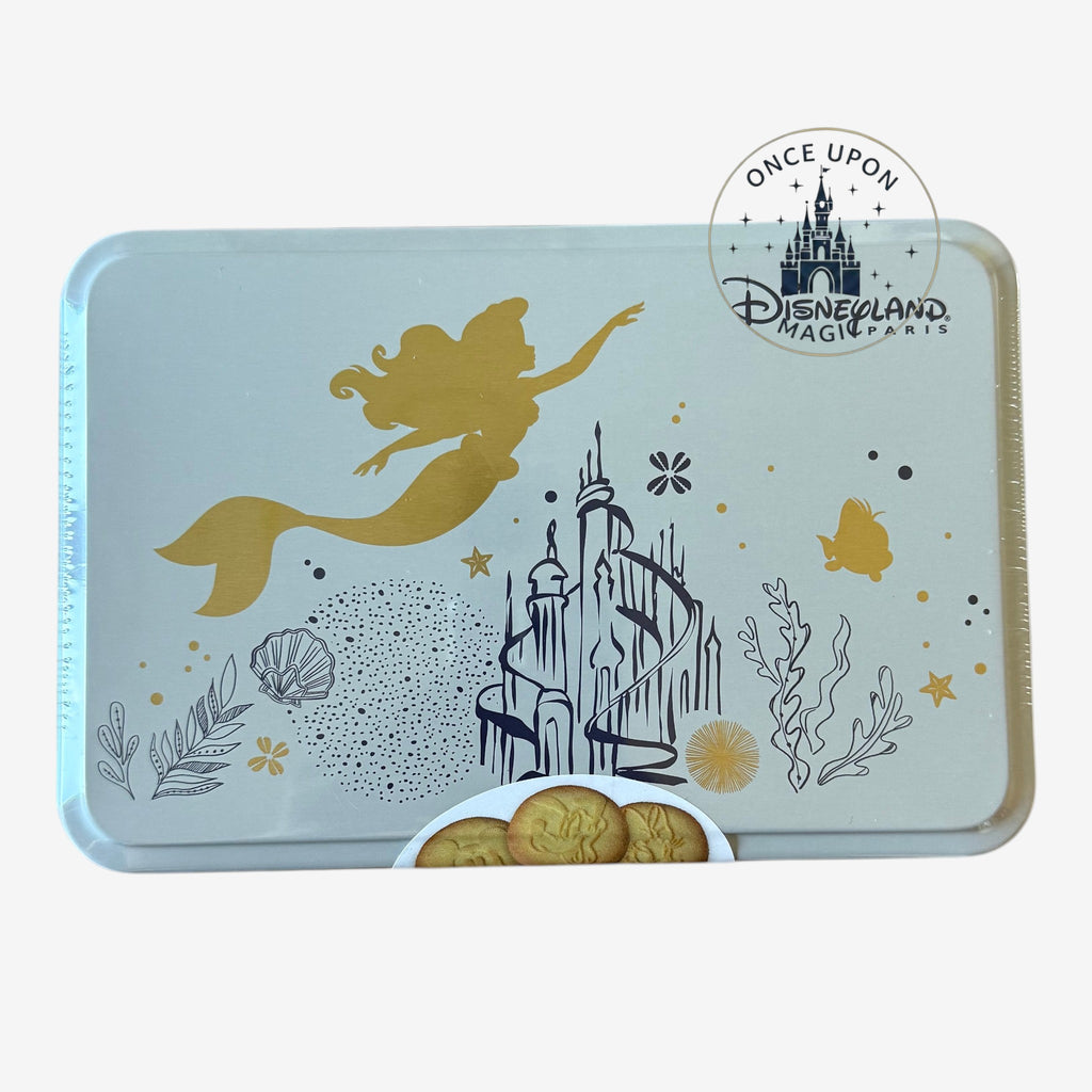 Once Upon Magic Ariel butter shortbread tin featuring gold silhouette of Ariel and castle on a light blue background.