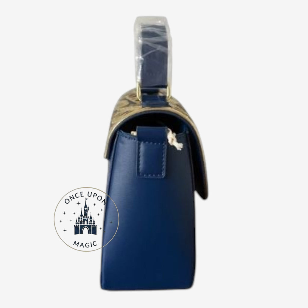 Once Upon Magic blue vegan leather crossbody bag with gold coral detail and Ariel silhouette on back.