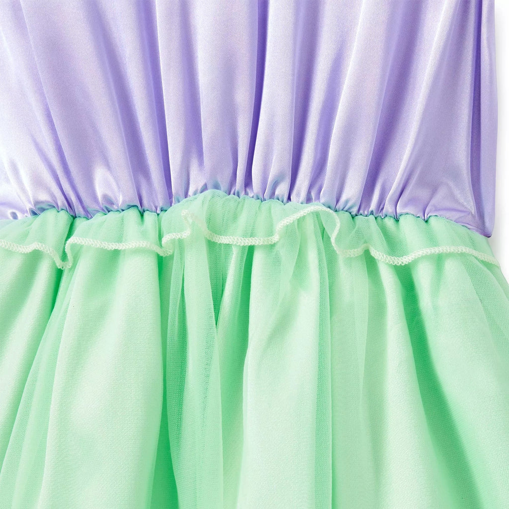 Once Upon Magic Ariel children's dress featuring a purple satin bodice and a layered mint green tulle skirt.