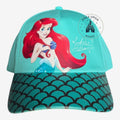 Once Upon Magic kids Ariel baseball cap in turquoise with a mermaid scale print brim and Ariel character graphic.