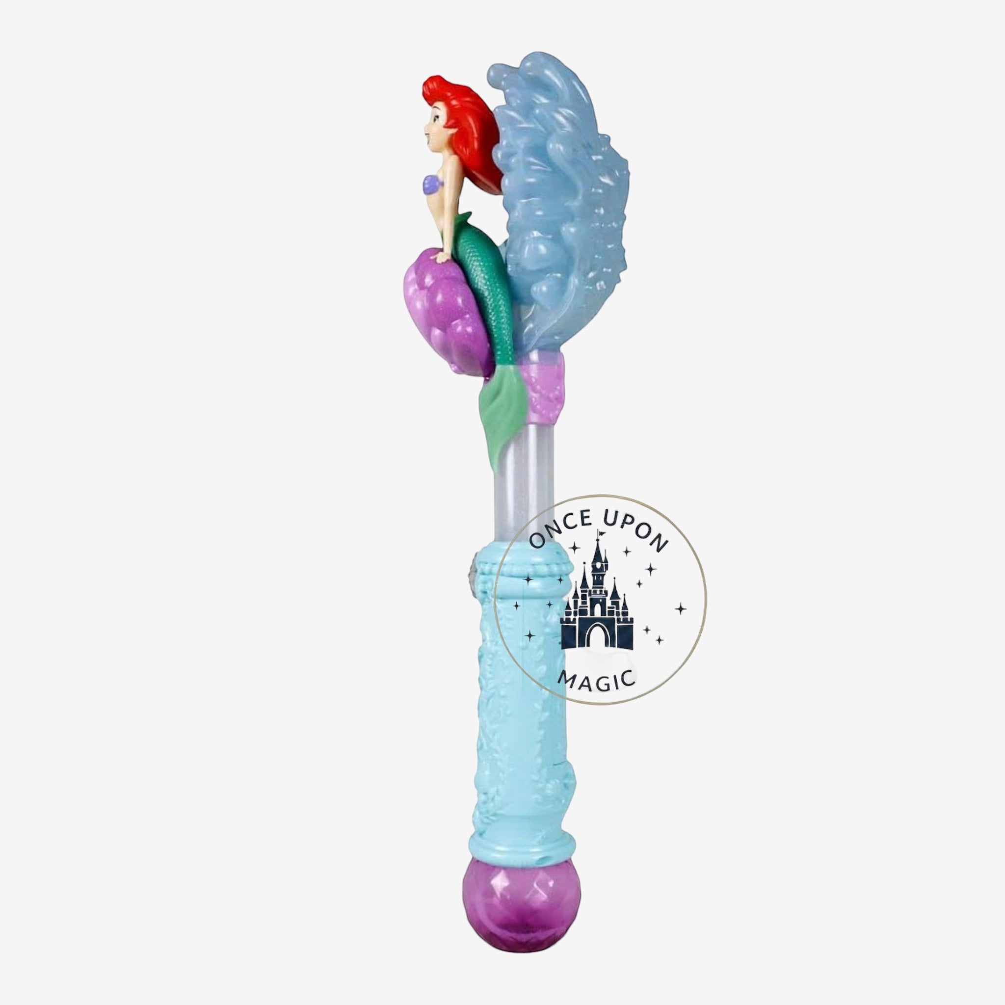 Once Upon Magic Ariel character wand with a mermaid figure, purple seashell, and textured aquatic blue handle.