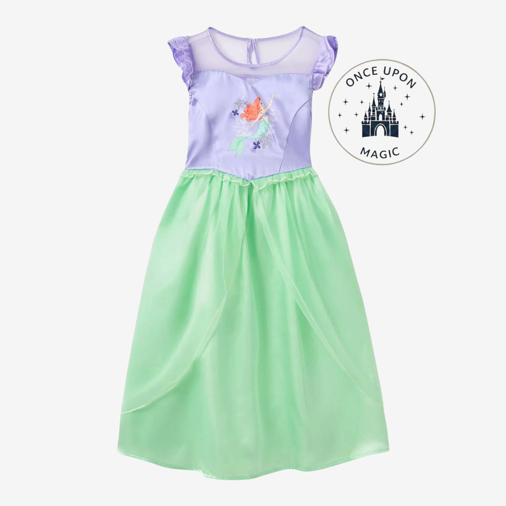 Once Upon Magic Ariel princess dress for children featuring a purple bodice, sheer neckline, and flowing green skirt.