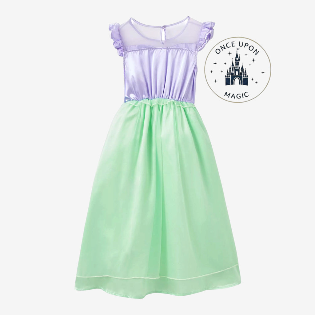 Once Upon Magic Ariel princess dress for children featuring a purple satin bodice and flowing mint green skirt.