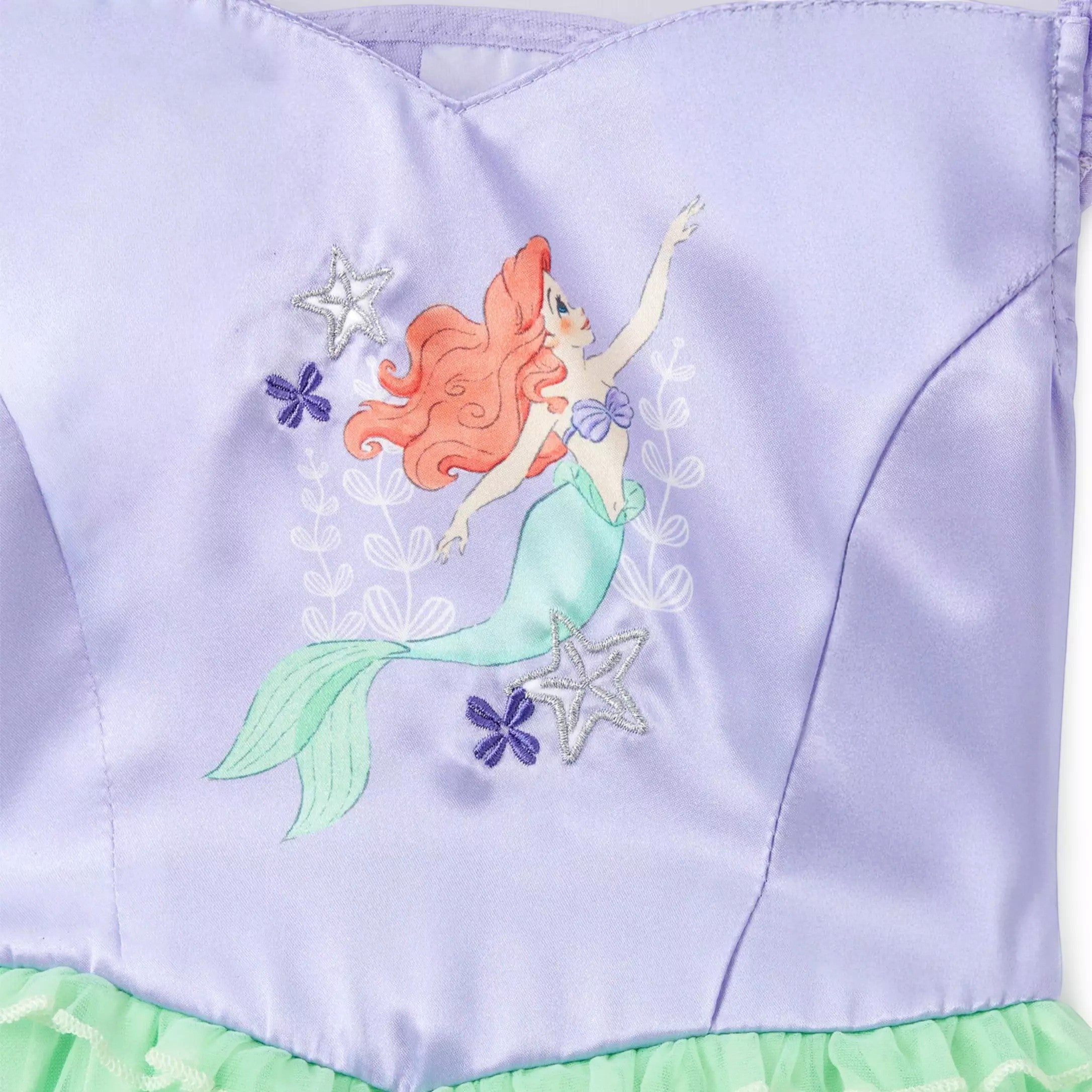 Once Upon Magic Ariel princess dress for children in satin purple with embroidered mermaid and star details