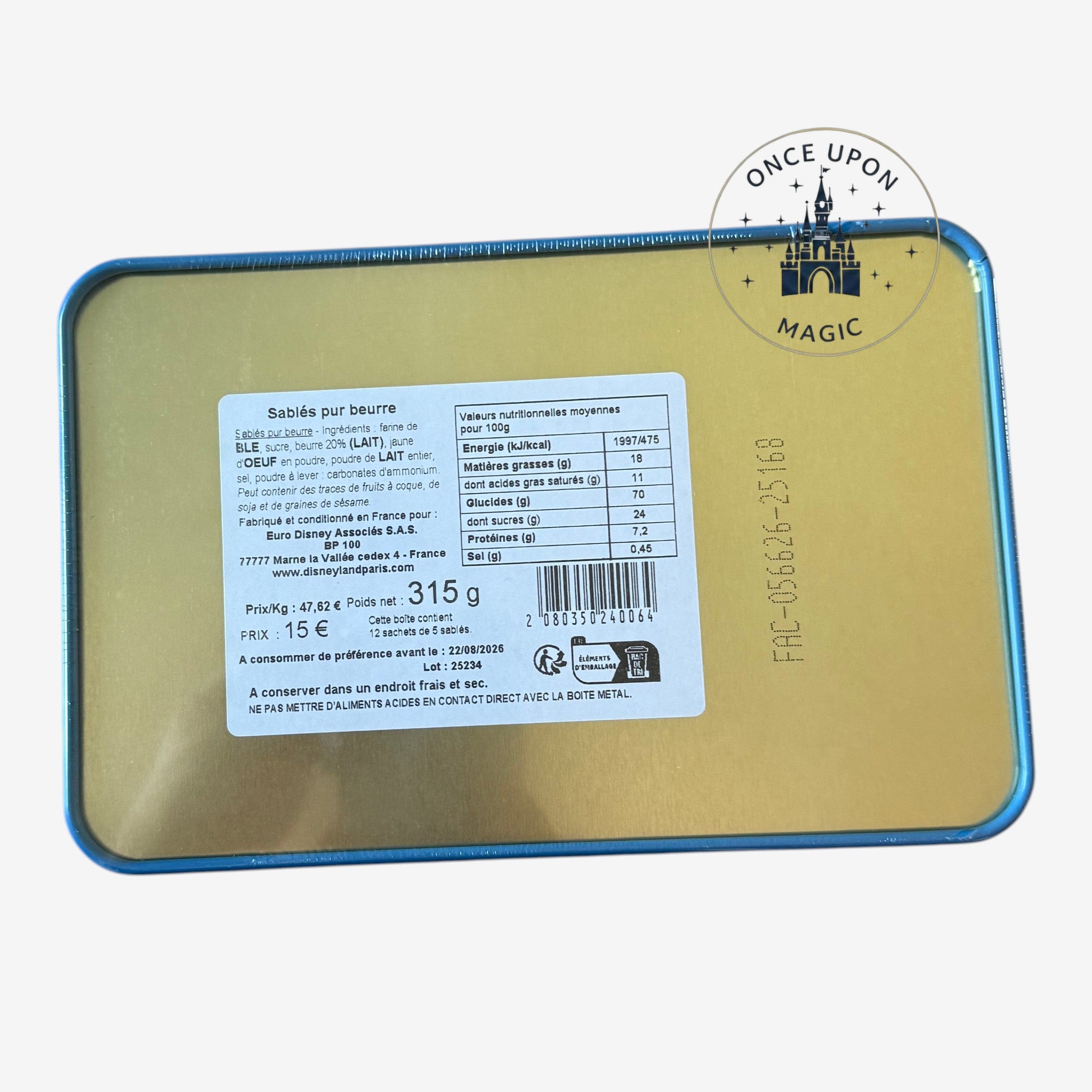 Once Upon Magic Disneyland Paris Ariel butter shortbread tin back label with nutritional information and ingredients