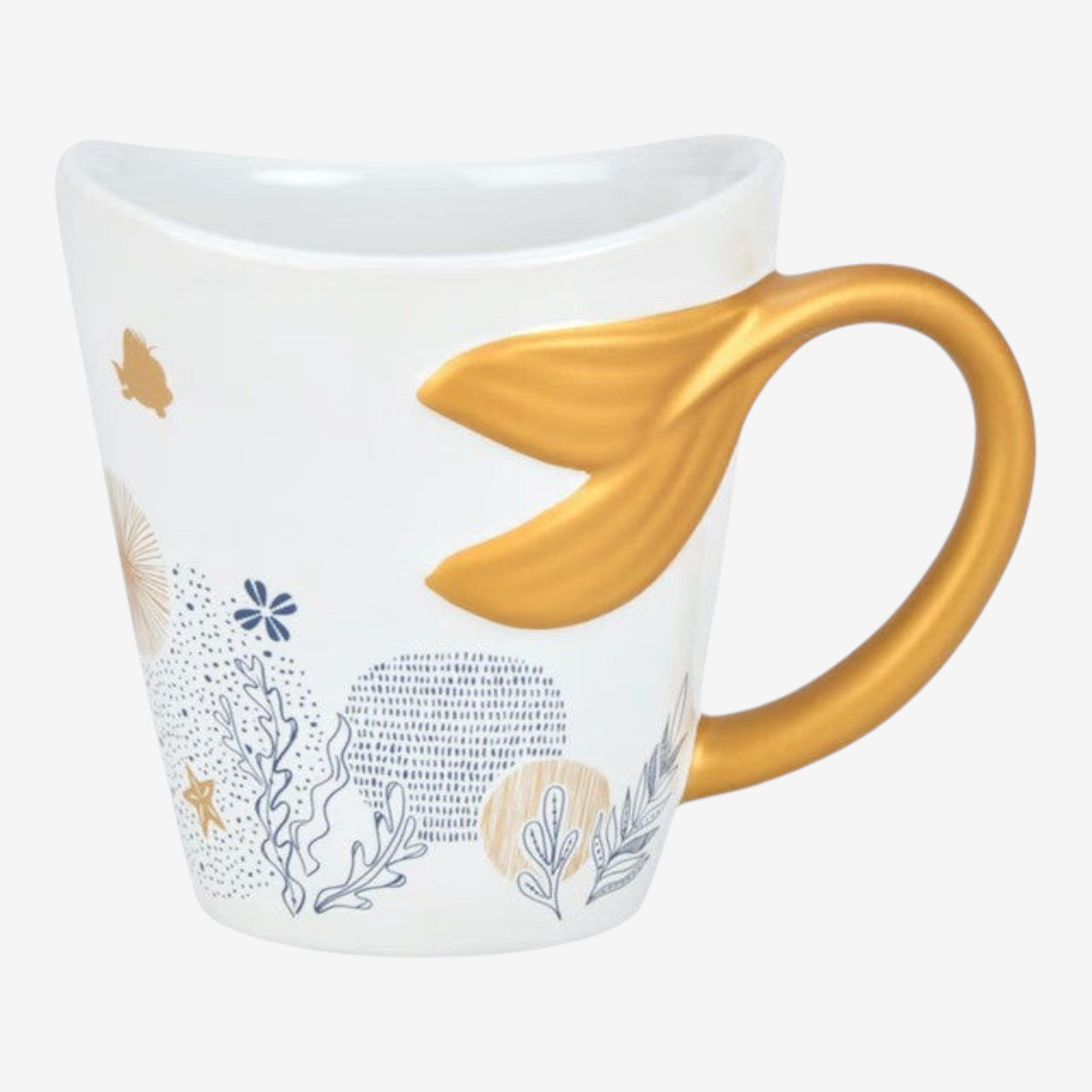 Once Upon Magic white ceramic mug with gold mermaid tail handle, featuring Ariel silhouette and aquatic motifs.