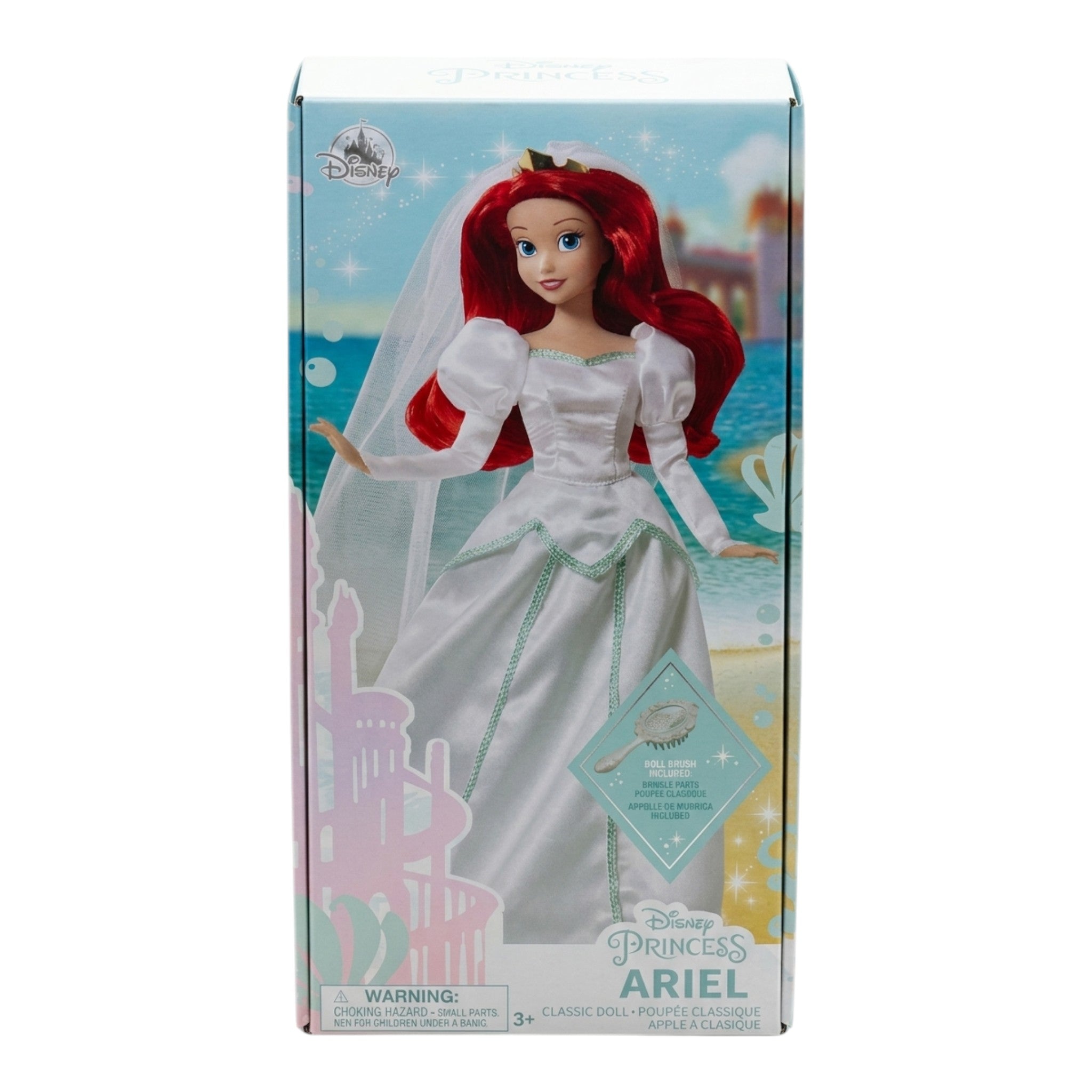 Once Upon Magic Disney Princess Ariel classic doll in a white satin wedding dress with green trim and veil, includes brush.
