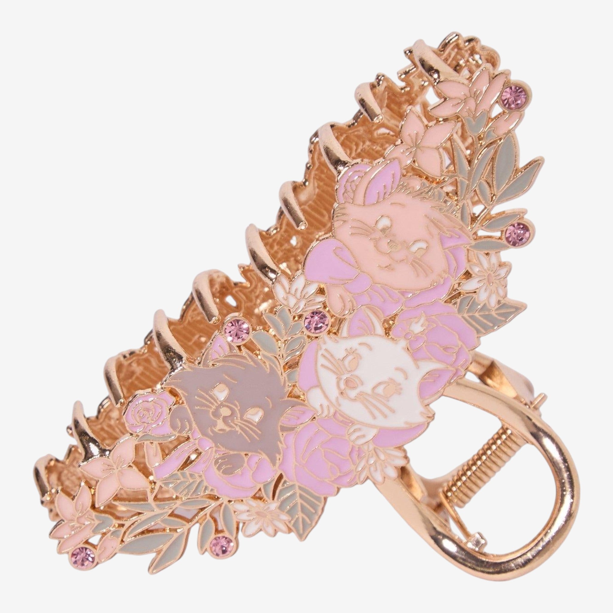 Once Upon Magic Aristocats Marie, Toulouse & Berlioz floral claw hair clip with pink and gold accents.