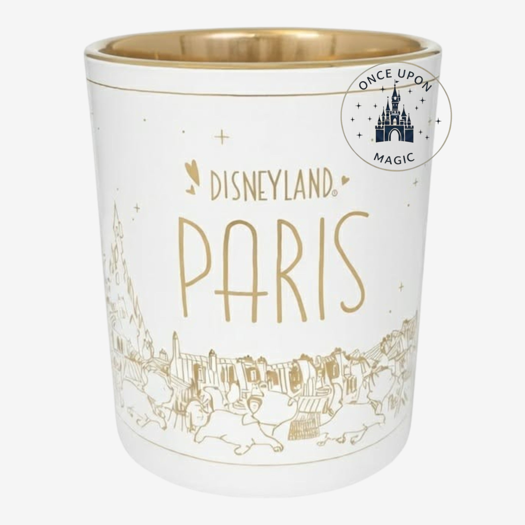 Once Upon Magic white ceramic photophore with gold Aristocats characters and Disneyland Paris text.