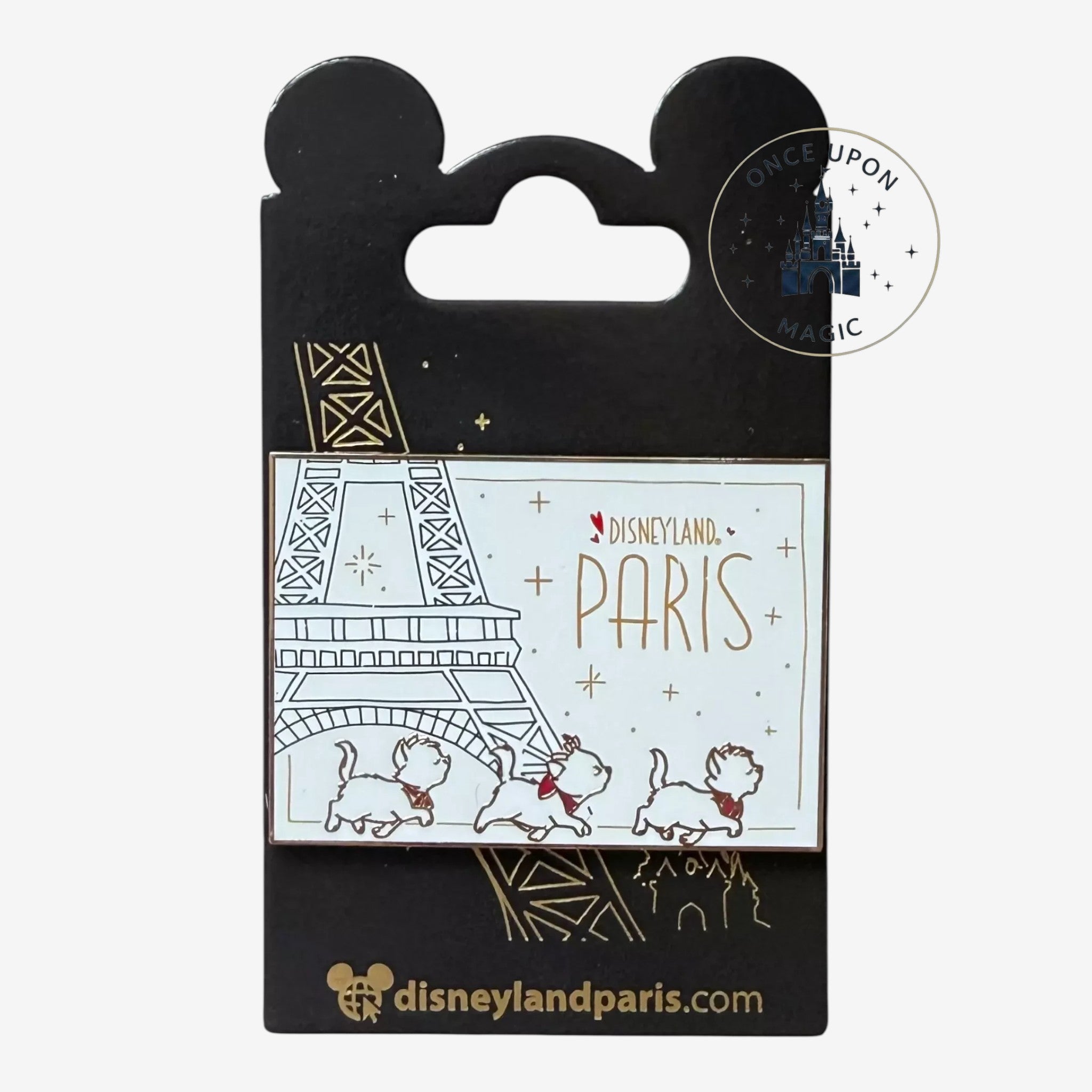 Once Upon Magic Disneyland Paris enamel pin featuring the Eiffel Tower and three Aristocats kittens in gold and white.